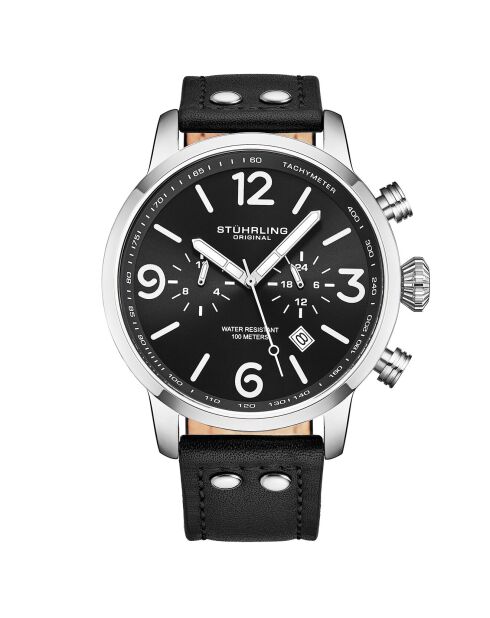 Schwarze Aviator Quarz-Chronograph-Lederuhr für Herren