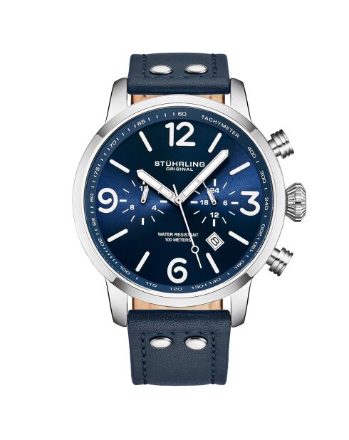 Montre Homme en Cuir Quartz Chronographe Aviator bleue