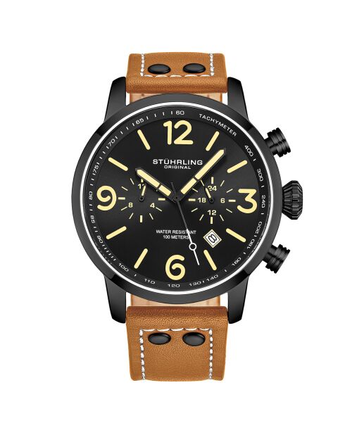 Montre Homme en Cuir Quartz Chronographe Aviator camel