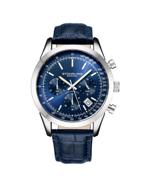 Montre Homme en Cuir Quartz Chronographe Monaco bleu/argenté