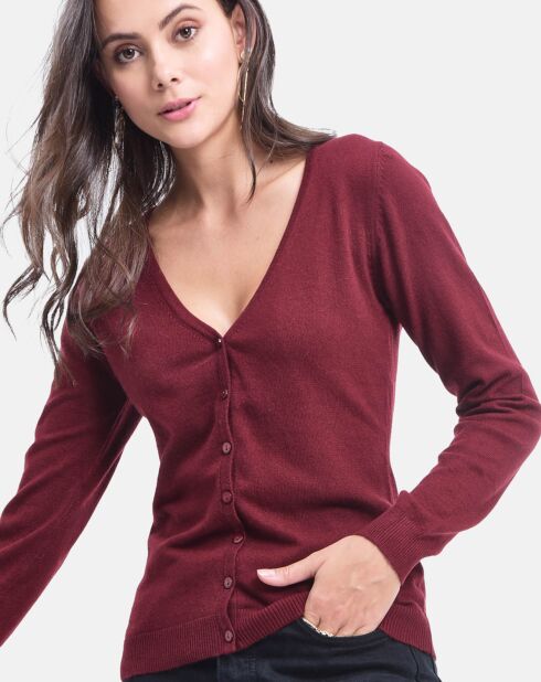 Cardigan col V en Cachemire & Soie mélangés à boutons bordeaux