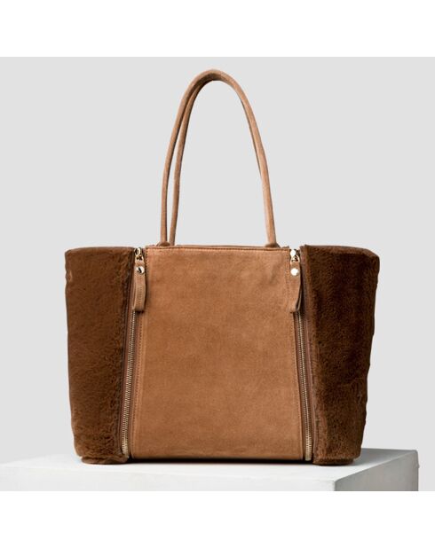 Sac cabas réversible en velours de Cuir marron/camel - 35x24x17 cm