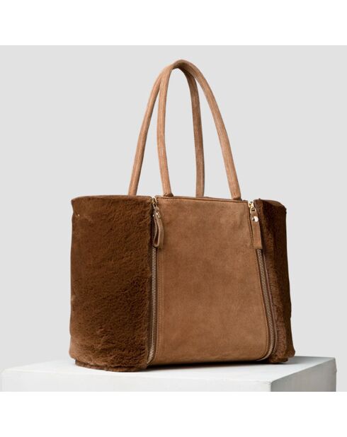 Sac cabas réversible en velours de Cuir marron/camel - 35x24x17 cm