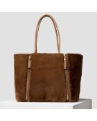 Sac cabas réversible en velours de Cuir marron/camel - 35x24x17 cm