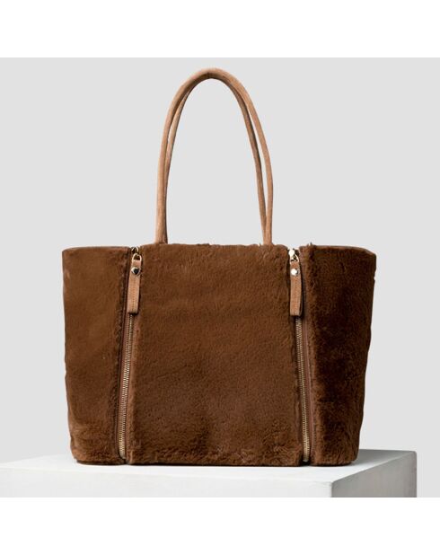 Sac cabas réversible en velours de Cuir marron/camel - 35x24x17 cm