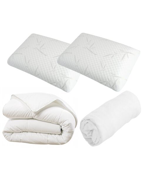 Pack 4 pièces 1 Couette + 2 Oreillers + 1 Protège-matelas blanc - 140x190 cm