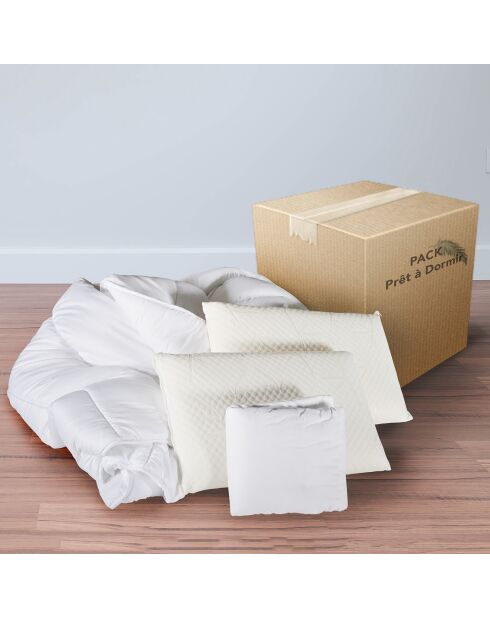 Pack 4 pièces 1 Couette + 2 Oreillers + 1 Protège-matelas blanc - 140x190 cm