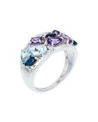 Bague Champêtre Diamant 0.10 ct Saphirs 0.45 ct Topazes 0.78 ct & Améthystes 0.92 ct or blanc