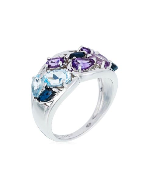 Bague Champêtre Diamant 0.10 ct Saphirs 0.45 ct Topazes 0.78 ct & Améthystes 0.92 ct or blanc