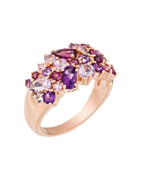 Suikerspin Saffieren 0,31 ct ring Amethisten 1,02 ct Amethisten 1,02 ct Rhodolieten 0,92 ct & topazen 0,08 kt roségoud