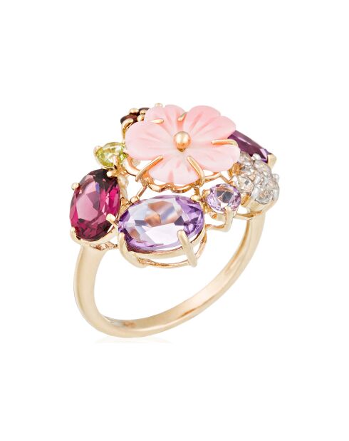 Bague Jardin anglais Améthystes 1.55 ct Grenats 0.30 ct Péridot 0.13 ct Rhodolite 0.95 ct Topazes 0.24 ct & Nacre or jaune