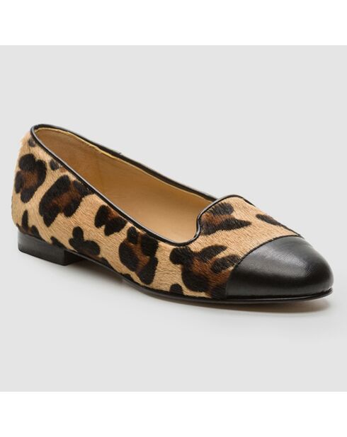 Slippers en Cuir façon Poulain Alinia léopard noir/beige