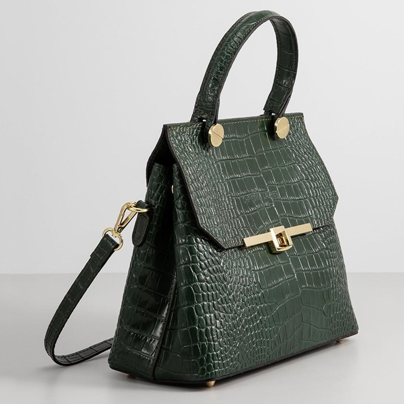 Sac a main en Cuir croco Emy vert bouteille 27x19x12 cm Vente privee Christian Laurier BazarChic