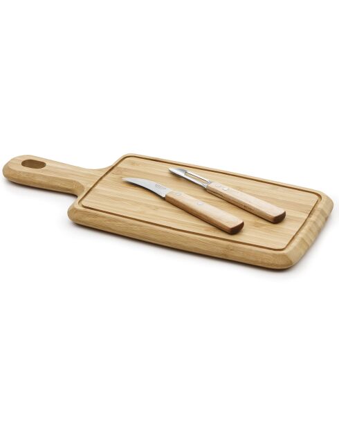 Essentielles Holzschneidebrett, Schäler und Obst-/Gemüsemesser, 38,5 x 16 cm