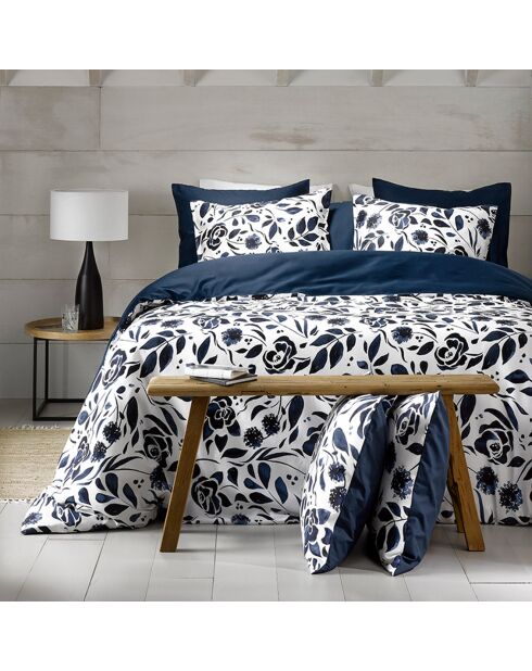 Meadow Indigo/witte dekbedovertrekset van 100% katoensatijn