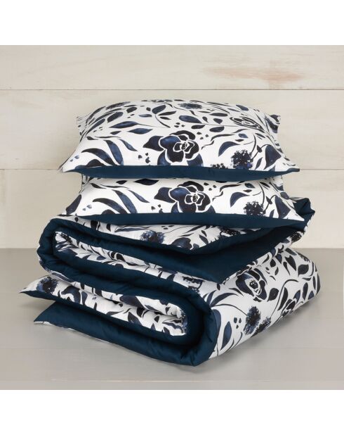 Meadow Indigo/witte dekbedovertrekset van 100% katoensatijn