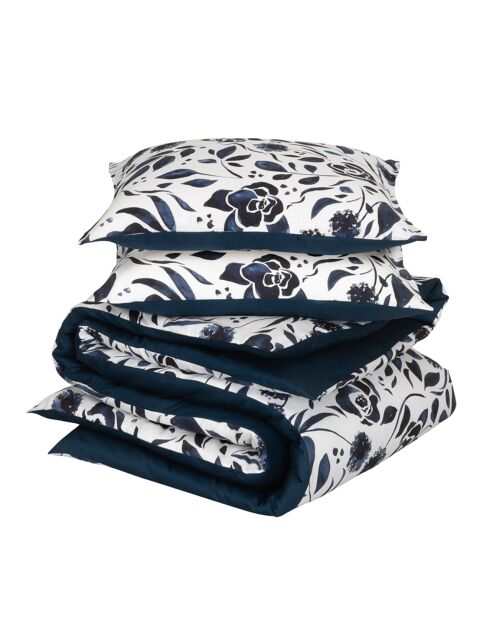 Meadow Indigo/witte dekbedovertrekset van 100% katoensatijn