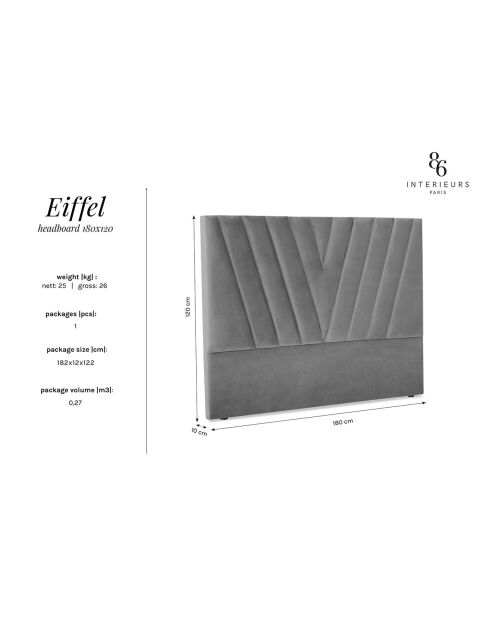 Kopfteil Eiffel aus Samt, 180 x 120 cm, Dunkelgrau