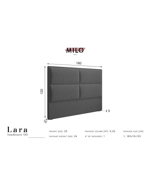 Tête de Lit en Velours Lara gris foncé - 180 cm