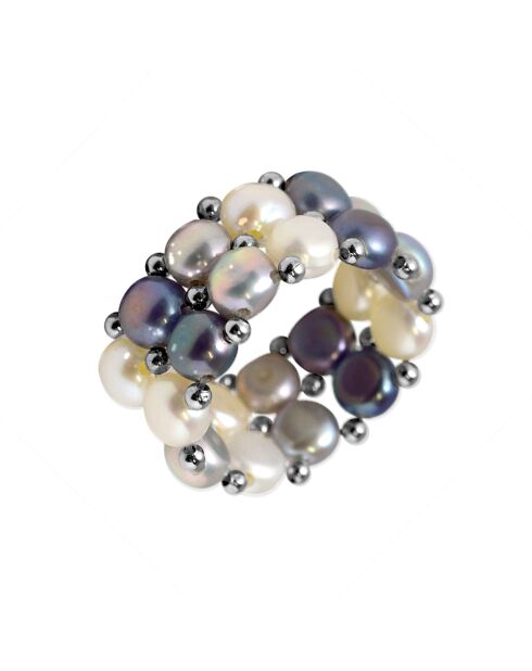 Bague Deux Rangs Perles d'Eau Douce blanc/gris/noir