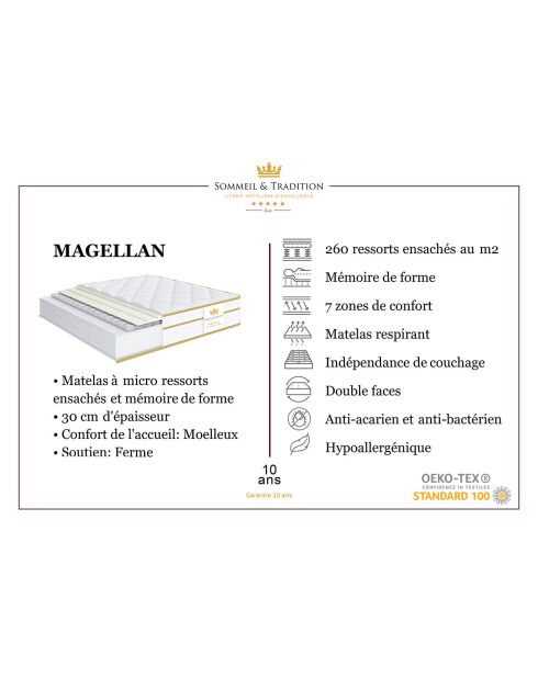 Matelas à ressorts ensachés et mémoire de forme Magellan blanc/jaune - 140x190 cm