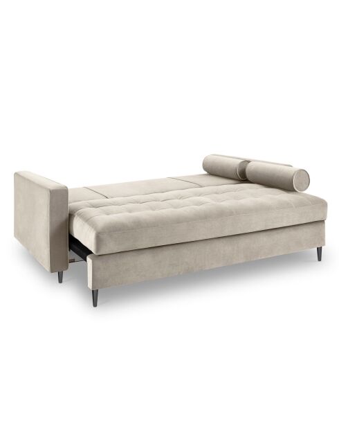 Canapé Convertible avec Coffre de rangement Santo  3 Places en Velours beige - 225x100x96 cm