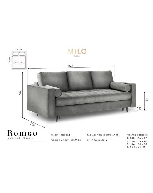 Canapé Convertible avec Coffre de rangement Santo  3 Places en Velours beige - 225x100x96 cm