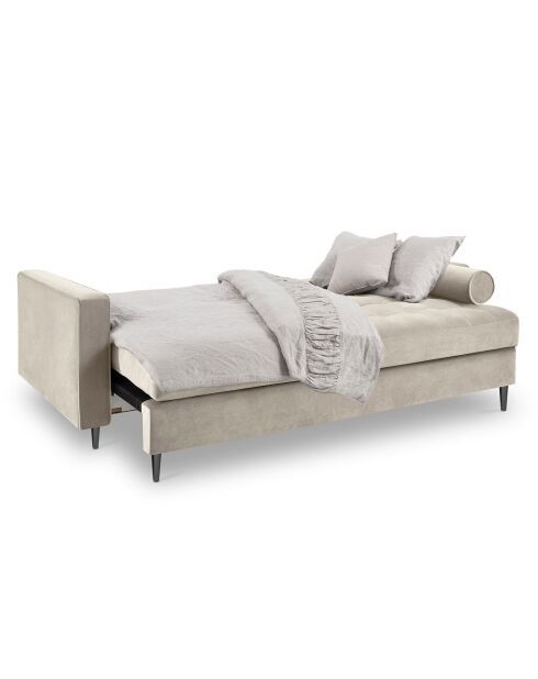 Canapé Convertible avec Coffre de rangement Santo  3 Places en Velours beige - 225x100x96 cm