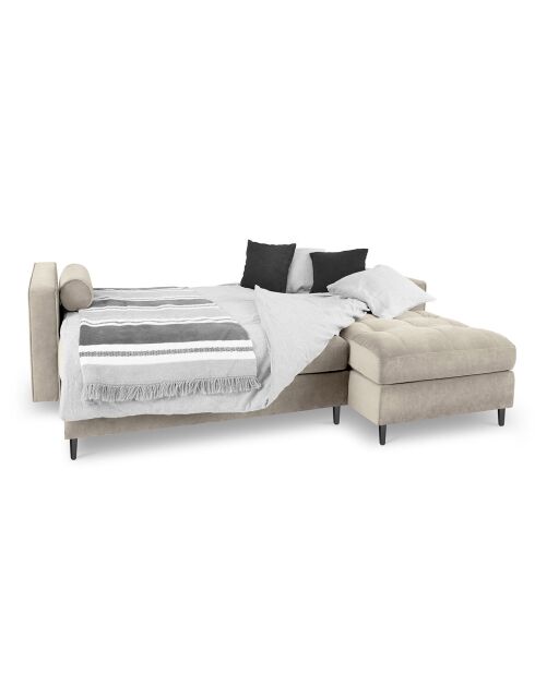 Divano angolare destro convertibile a 5 posti Santo con contenitore in velluto beige - 240x175x96 cm