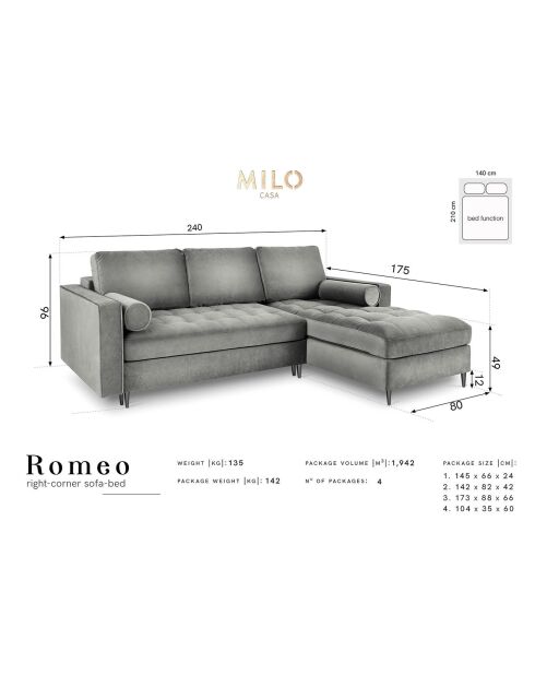 Canapé d'Angle Droit Convertible avec Coffre de Rangement Santo 5 Places en Velours bleu roi - 240x175x96 cm