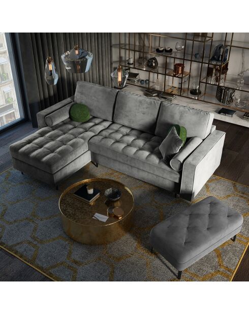 Romeo Ecksofa für 5 Personen, umwandelbar, links, mit Stauraum, aus grauem Samt, 240 x 175 x 96 cm