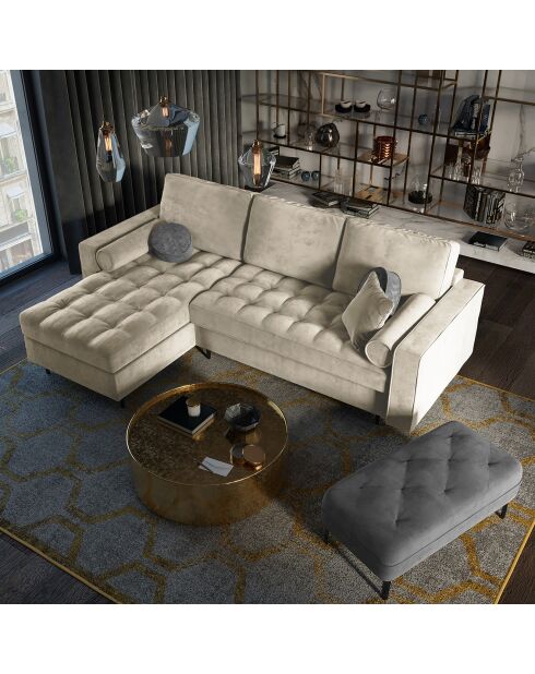 Santo 5-zits converteerbare linkerhoekbank met opbergdoos in beige fluweel - 240x175x96 cm