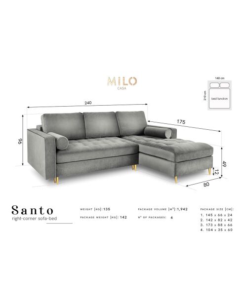 Santo Ecksofa für 5 Personen, umwandelbar, mit Kofferraum, aus grauem Samt, 240 x 175 x 96 cm