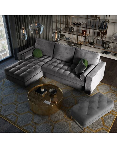Santo Ecksofa für 5 Personen, umwandelbar, links, mit Stauraum, aus dunkelgrauem Samt, 240 x 175 x 96 cm