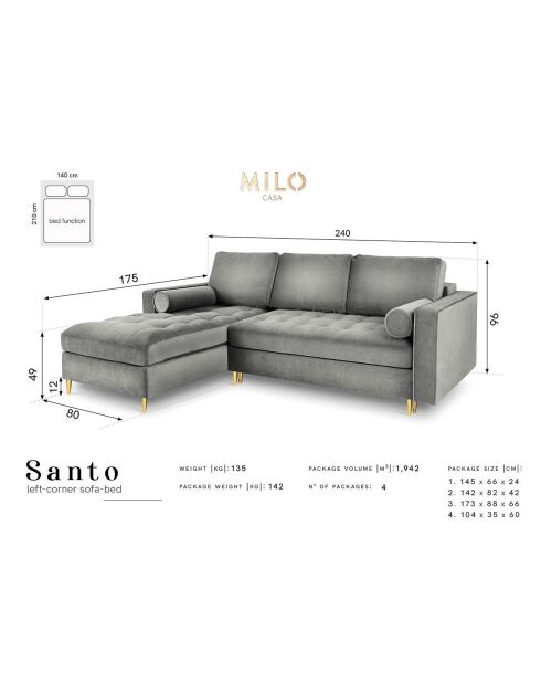 Canapé d'Angle Gauche Convertible avec coffre Santo 5 Places en Velours gris - 240x175x96 cm