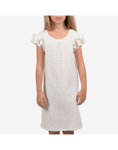 Robe droite mi-longue à dentelle ajourée blanche