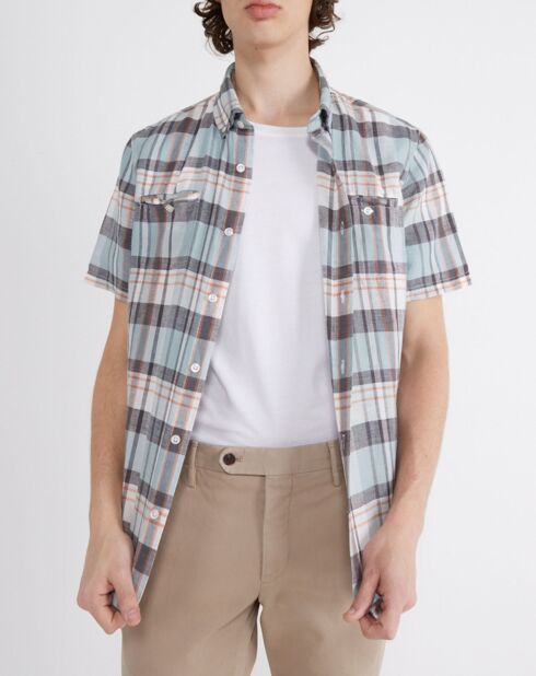 Rechte blouse in linnen en katoen Cheka ruitjes blauw/groen/grijs