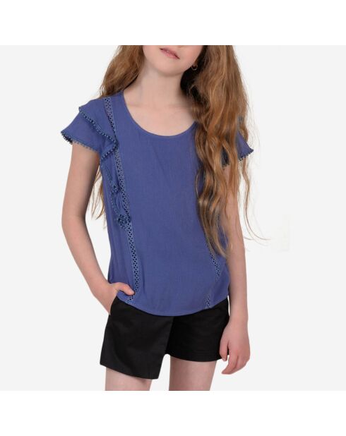 Top à empiècement dentelle et volants indigo