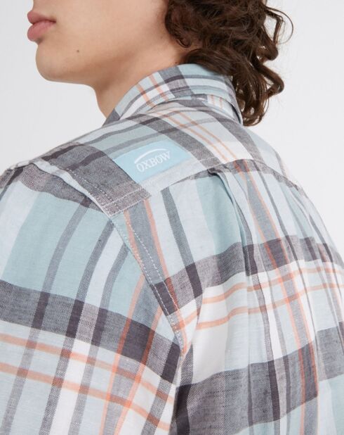 Rechte blouse in linnen en katoen Cheka ruitjes blauw/groen/grijs