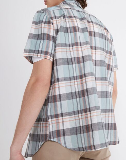 Rechte blouse in linnen en katoen Cheka ruitjes blauw/groen/grijs