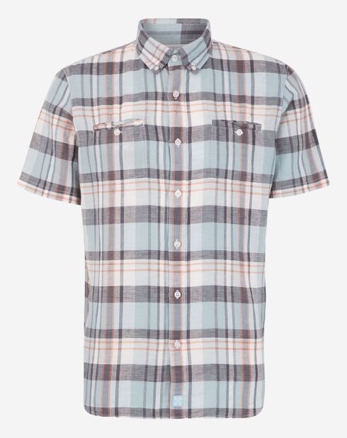 Rechte blouse in linnen en katoen Cheka ruitjes blauw/groen/grijs