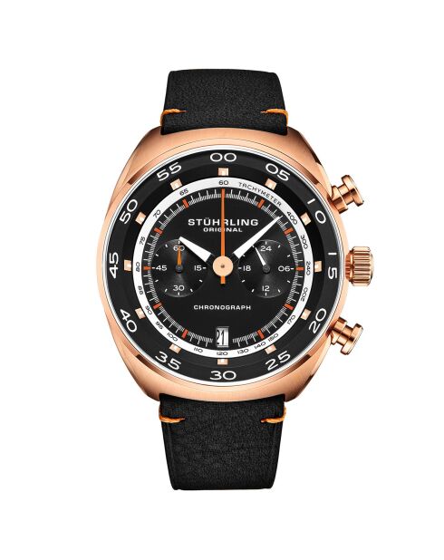 Montre Homme en Cuir Quartz Monaco noir/rosé