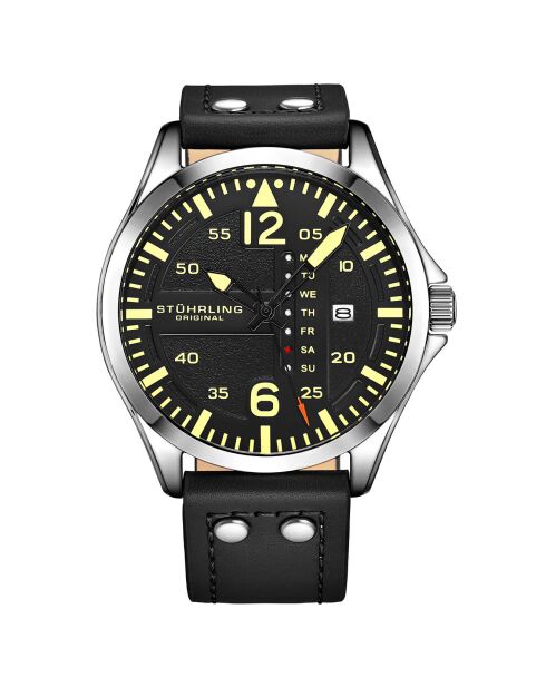 Schwarze Aviator Quarzuhr aus Leder für Herren