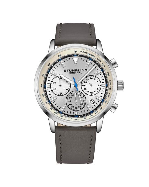 Montre Homme en Cuir Quartz Monaco argenté/gris