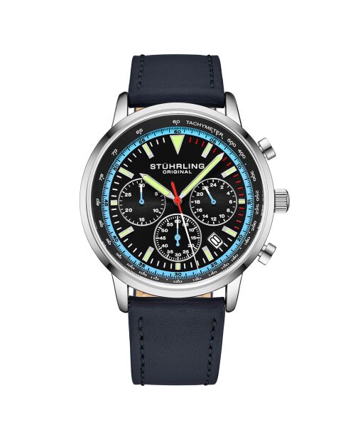 Montre Homme en Cuir Quartz Monaco argenté/bleu