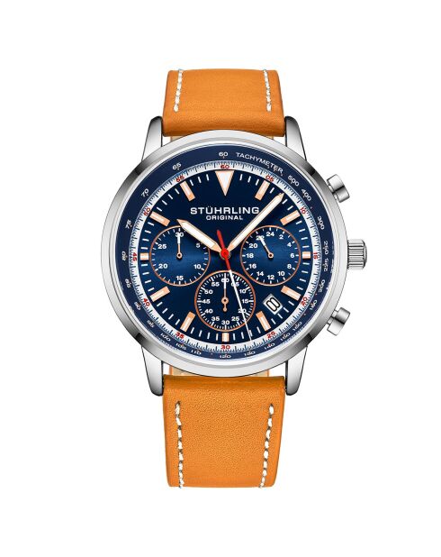 Montre Homme en Cuir Quartz Monaco camel/argenté