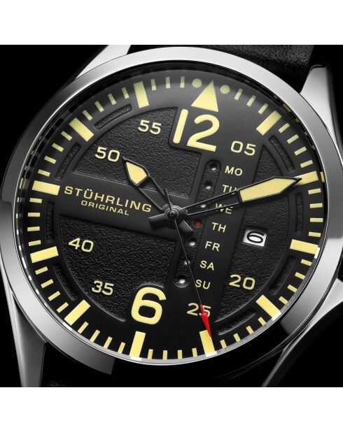 Schwarze Aviator Quarzuhr aus Leder für Herren
