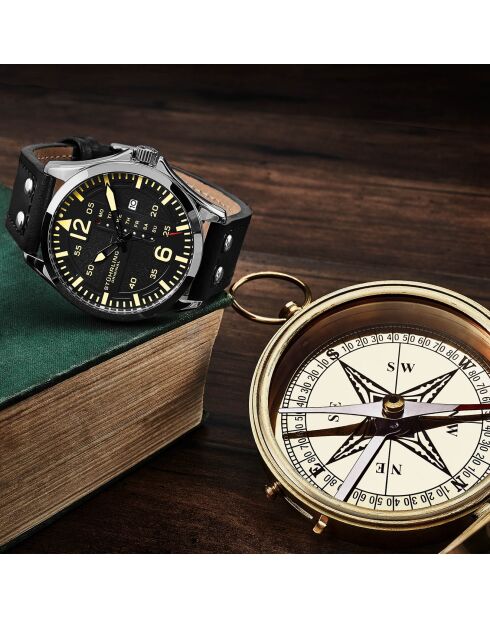 Schwarze Aviator Quarzuhr aus Leder für Herren