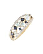 Bague Dahra Diamants 0.12ct. 3 Topazes bleues 0.41ct & Saphir 0.22ct or jaune