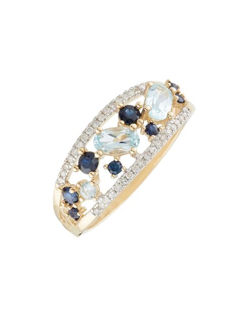 Bague Dahra Diamants 0.12ct. 3 Topazes bleues 0.41ct & Saphir 0.22ct or jaune